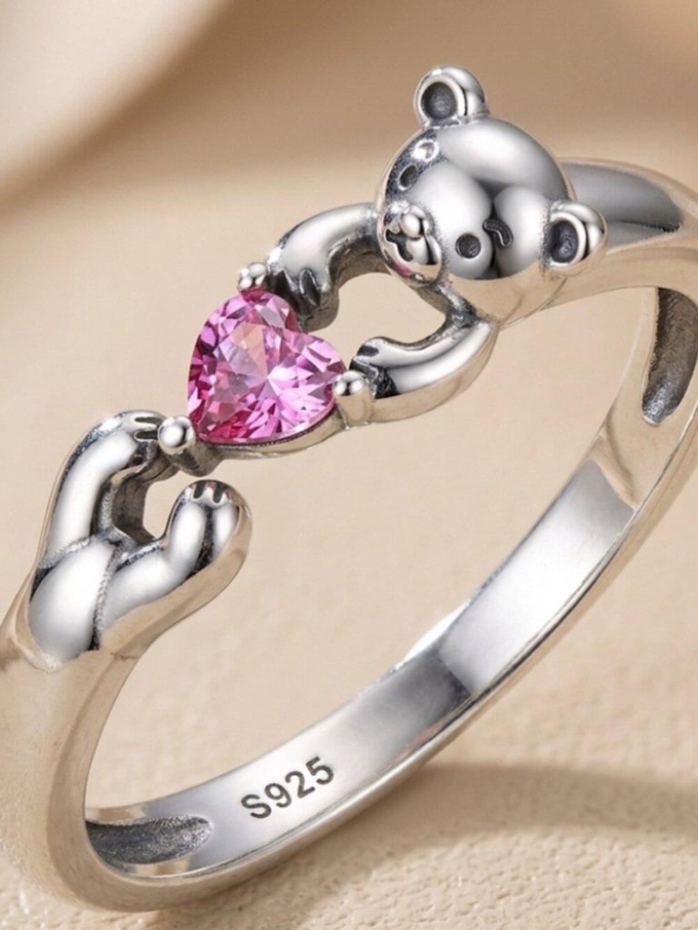 Sterling Silver Teddy Bear Ring with Pink Heart Gem